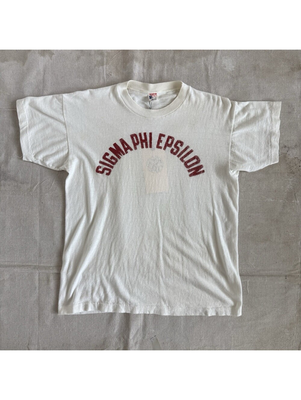 Vintage 50s Champion Running Man Flock Print T-Shirt Size Medium White